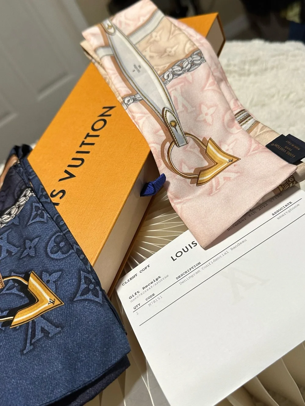 Louis Vuitton Pink and Navy Monogram Silk Twilly Set with Chain Motif